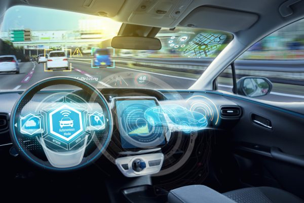 Empty cockpit of autonomous car, HUD(Head Up Display) and digital speedometer. self-driving vehicle.